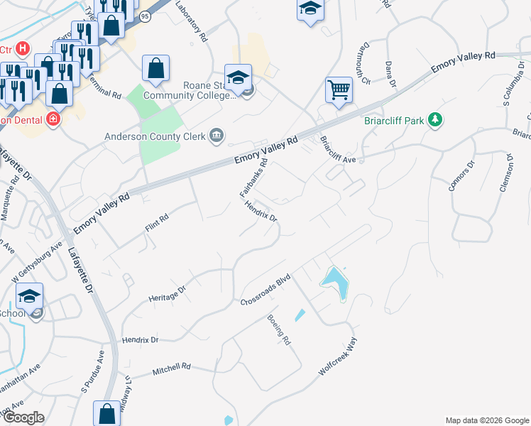 map of restaurants, bars, coffee shops, grocery stores, and more near 101 Hanover Place in Oak Ridge