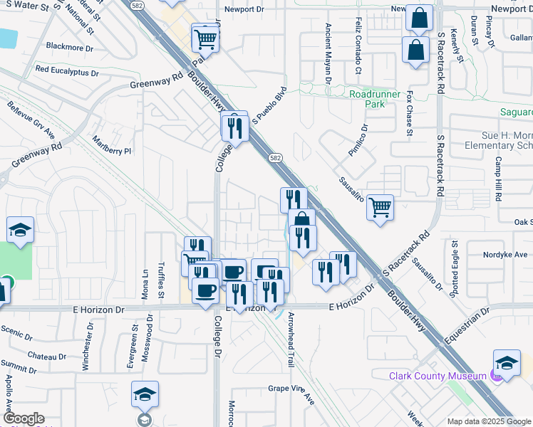 map of restaurants, bars, coffee shops, grocery stores, and more near 520 Arrowhead Trail in Henderson