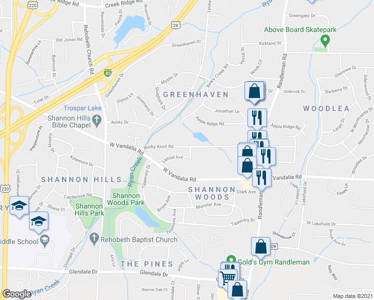 map of restaurants, bars, coffee shops, grocery stores, and more near 501 Rocky Knoll Road in Greensboro