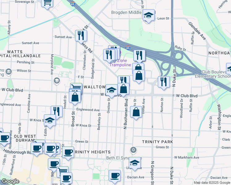 map of restaurants, bars, coffee shops, grocery stores, and more near 1119 Lancaster Street in Durham