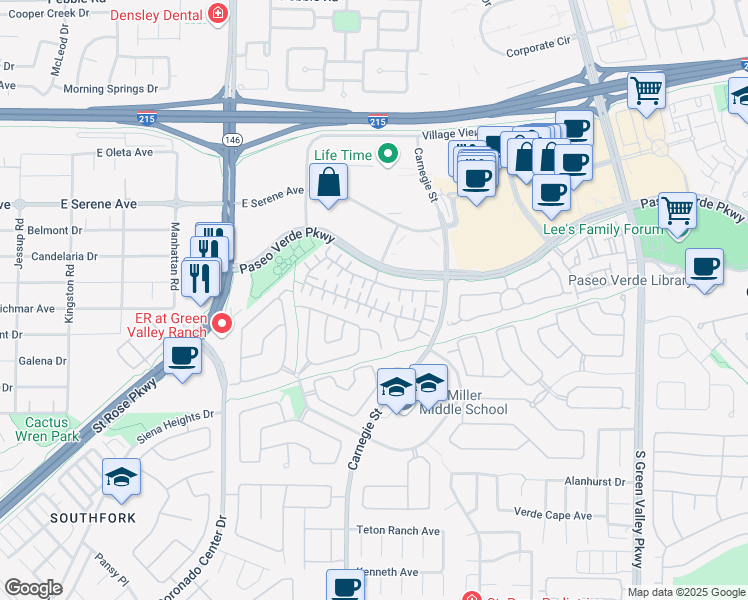map of restaurants, bars, coffee shops, grocery stores, and more near 251 Queens Court in Henderson