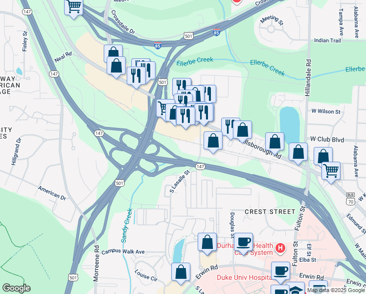 map of restaurants, bars, coffee shops, grocery stores, and more near 200 South Lasalle Street in Durham