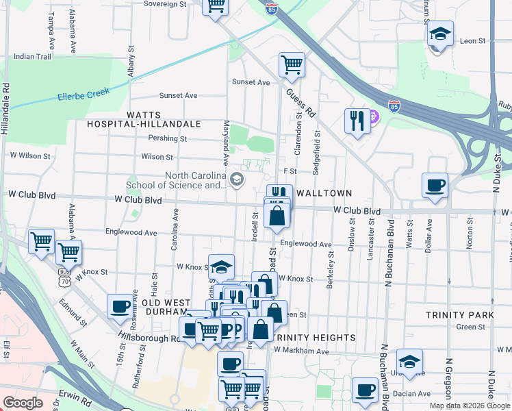 map of restaurants, bars, coffee shops, grocery stores, and more near West Club Boulevard in Durham