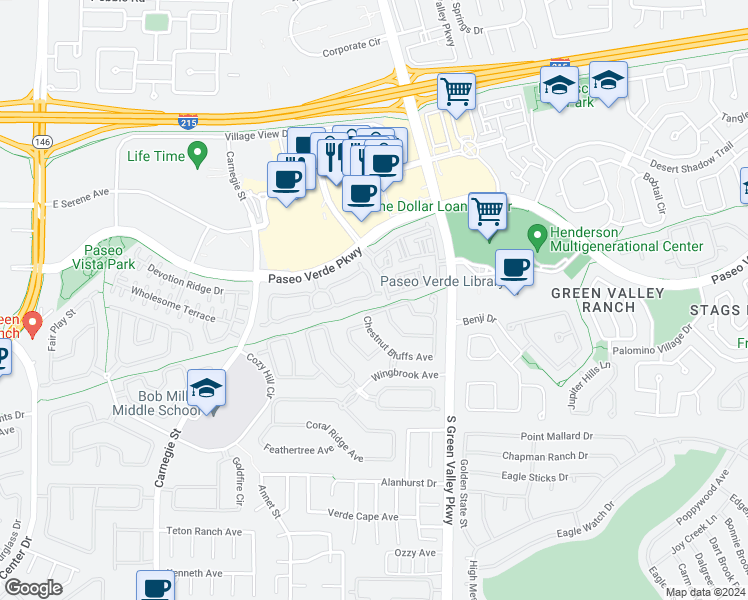 map of restaurants, bars, coffee shops, grocery stores, and more near 2107 Hidden Ranch Terrace in Henderson