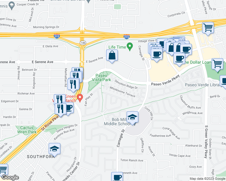 map of restaurants, bars, coffee shops, grocery stores, and more near 267 Echo Dell Court in Henderson