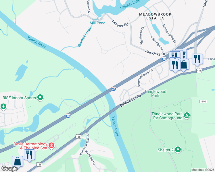 map of restaurants, bars, coffee shops, grocery stores, and more near 3798 Peony Way in Clemmons
