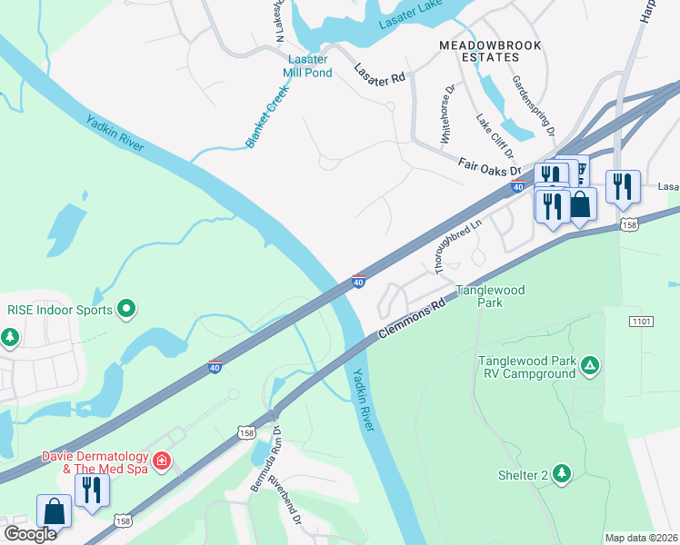 map of restaurants, bars, coffee shops, grocery stores, and more near 3798 Peony Way in Clemmons