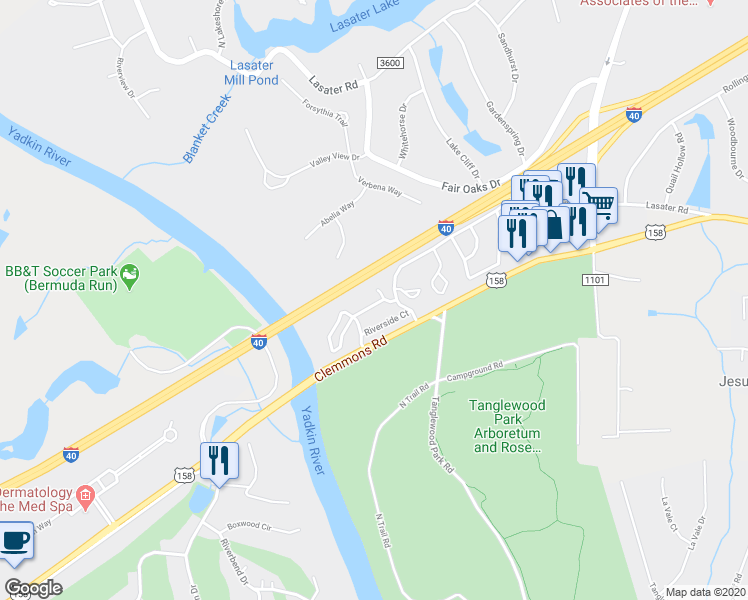 map of restaurants, bars, coffee shops, grocery stores, and more near 7126 Riverview Knoll Court in Clemmons
