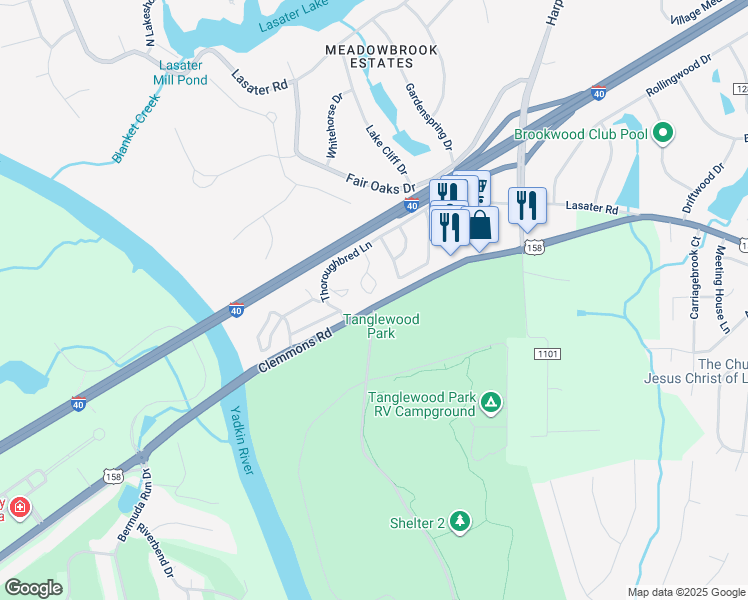 map of restaurants, bars, coffee shops, grocery stores, and more near 4030 Whirlaway Court in Clemmons