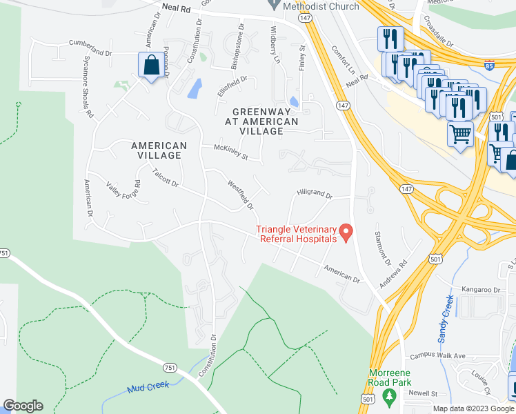 map of restaurants, bars, coffee shops, grocery stores, and more near 4018 Westfield Drive in Durham