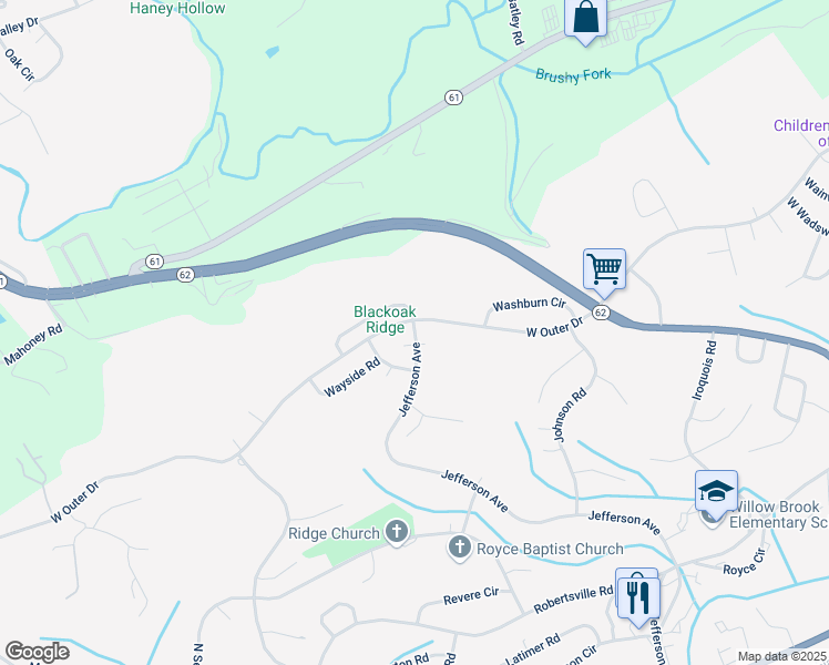 map of restaurants, bars, coffee shops, grocery stores, and more near 710 West Outer Drive in Oak Ridge
