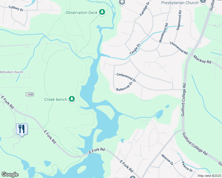 map of restaurants, bars, coffee shops, grocery stores, and more near 217 Buttercup Drive in Jamestown