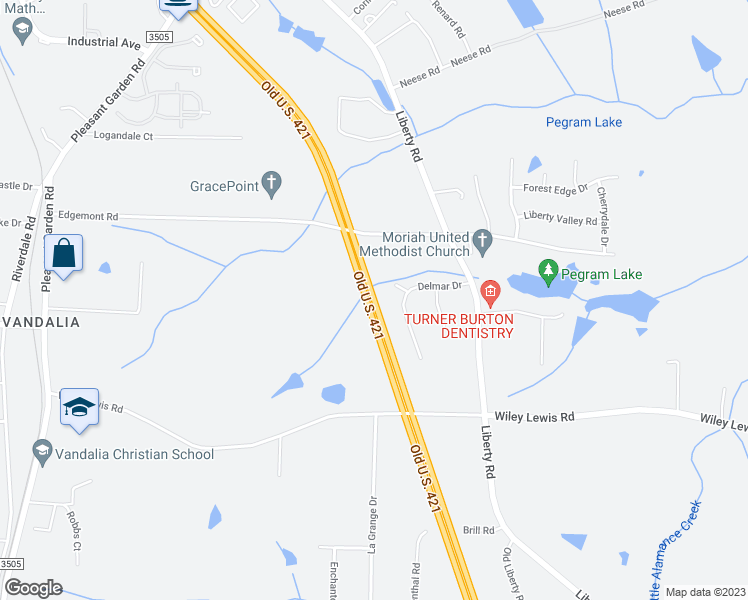 map of restaurants, bars, coffee shops, grocery stores, and more near Old U.S. 421 in Greensboro