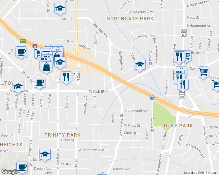 map of restaurants, bars, coffee shops, grocery stores, and more near 1810 Washington Street in Durham