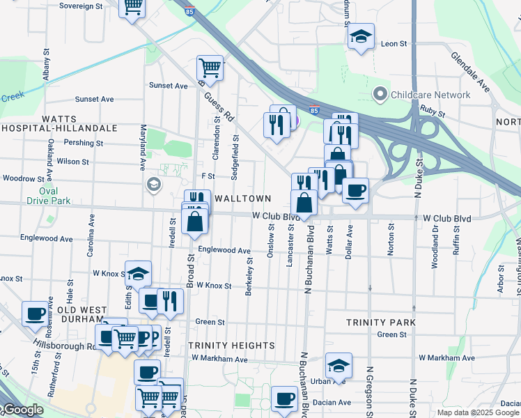 map of restaurants, bars, coffee shops, grocery stores, and more near 1214 Berkeley Street in Durham