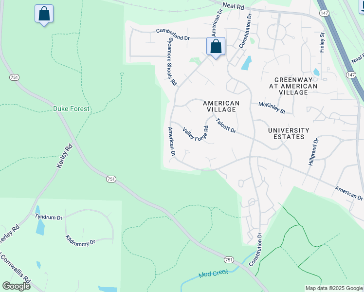 map of restaurants, bars, coffee shops, grocery stores, and more near 4428 American Drive in Durham