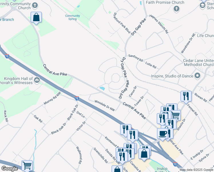 map of restaurants, bars, coffee shops, grocery stores, and more near 5800 Central Avenue Pike in Knoxville
