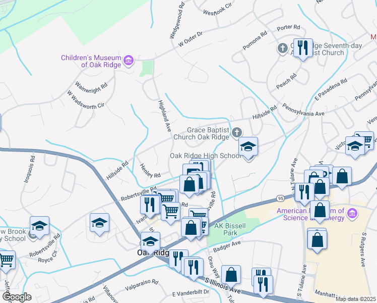 map of restaurants, bars, coffee shops, grocery stores, and more near 162 Hamilton Circle in Oak Ridge