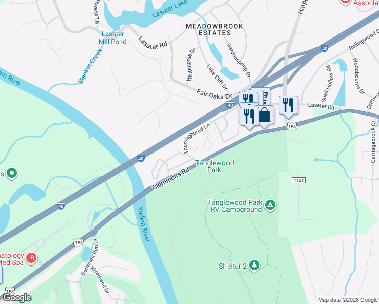 map of restaurants, bars, coffee shops, grocery stores, and more near 5000 Thoroughbred Lane in Clemmons