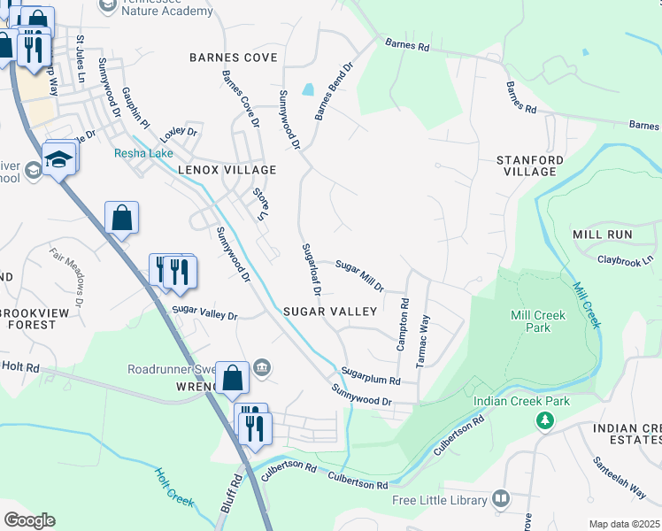 map of restaurants, bars, coffee shops, grocery stores, and more near 661 Sugar Mill Drive in Nashville