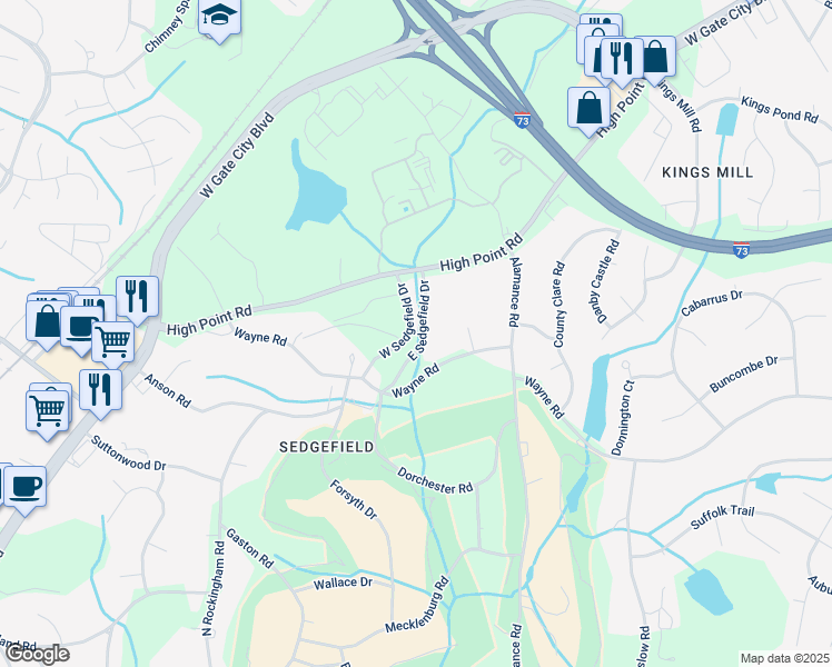 map of restaurants, bars, coffee shops, grocery stores, and more near 3005 West Sedgefield Drive in Greensboro