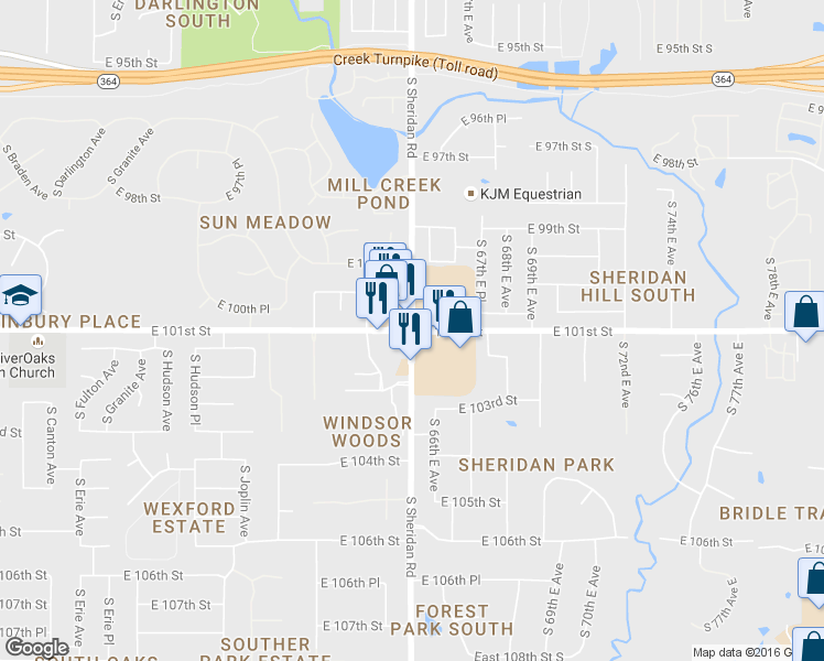 map of restaurants, bars, coffee shops, grocery stores, and more near South Sheridan Road in Tulsa