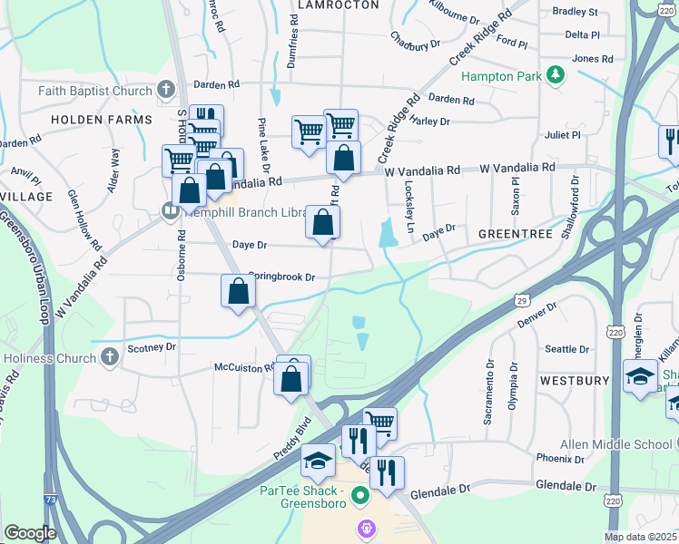 map of restaurants, bars, coffee shops, grocery stores, and more near 3805 Daye Drive in Greensboro