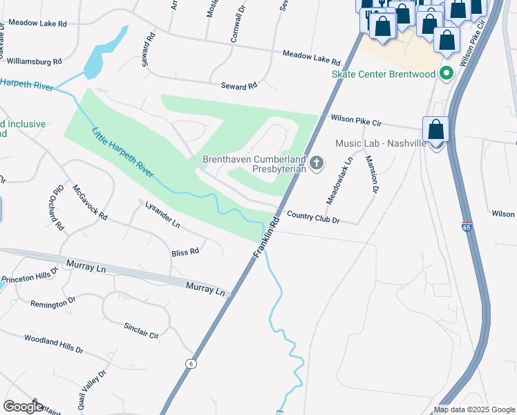 map of restaurants, bars, coffee shops, grocery stores, and more near 5001 Country Club Drive in Brentwood