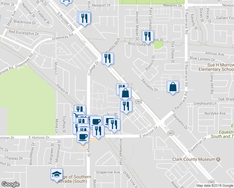 map of restaurants, bars, coffee shops, grocery stores, and more near 520 Arrowhead Trail in Henderson
