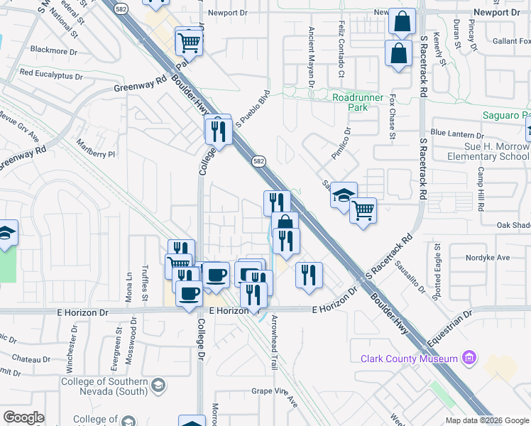 map of restaurants, bars, coffee shops, grocery stores, and more near 520 Arrowhead Trail in Henderson