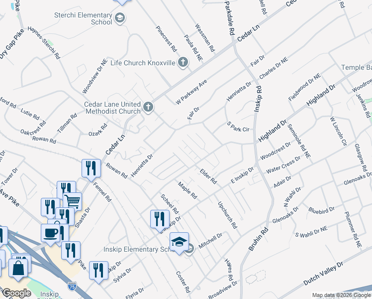 map of restaurants, bars, coffee shops, grocery stores, and more near 4986 Grigsby Gate Way in Knoxville