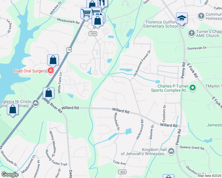 map of restaurants, bars, coffee shops, grocery stores, and more near 3808 Eagles View Court in High Point