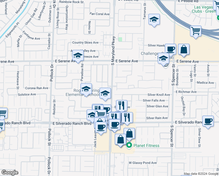 map of restaurants, bars, coffee shops, grocery stores, and more near 9480 Santa Fe Rose Street in Las Vegas