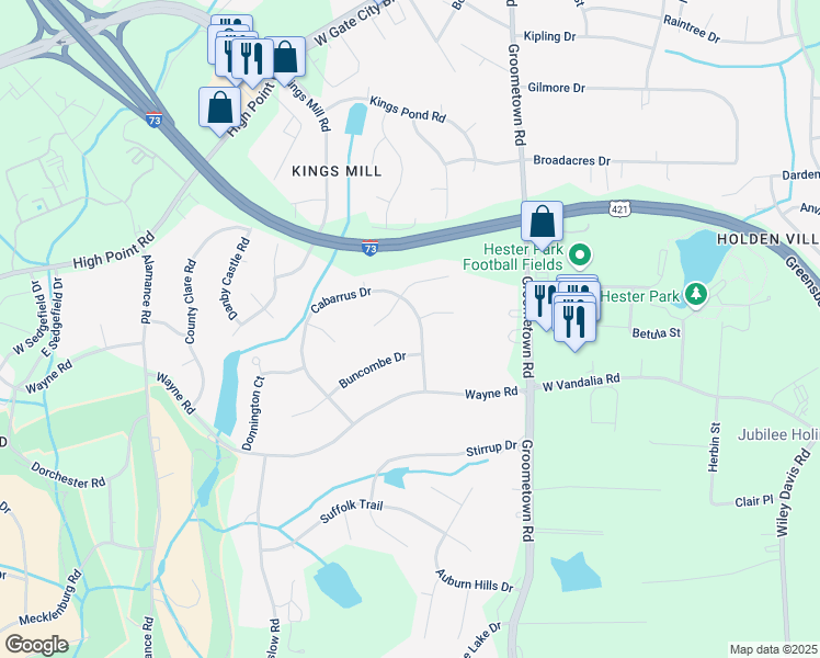 map of restaurants, bars, coffee shops, grocery stores, and more near 3003 Cabarrus Drive in Greensboro