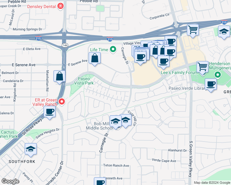 map of restaurants, bars, coffee shops, grocery stores, and more near 2472 Devotion Ridge Drive in Henderson