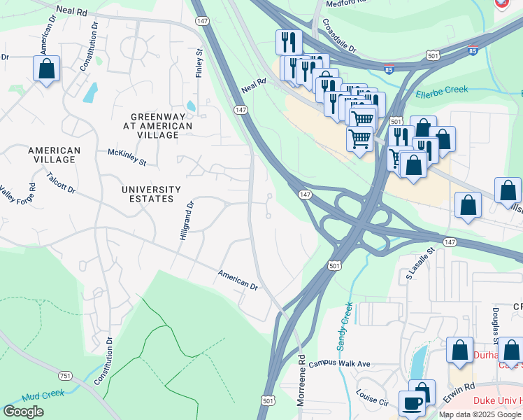 map of restaurants, bars, coffee shops, grocery stores, and more near 3600 Tremont Drive in Durham