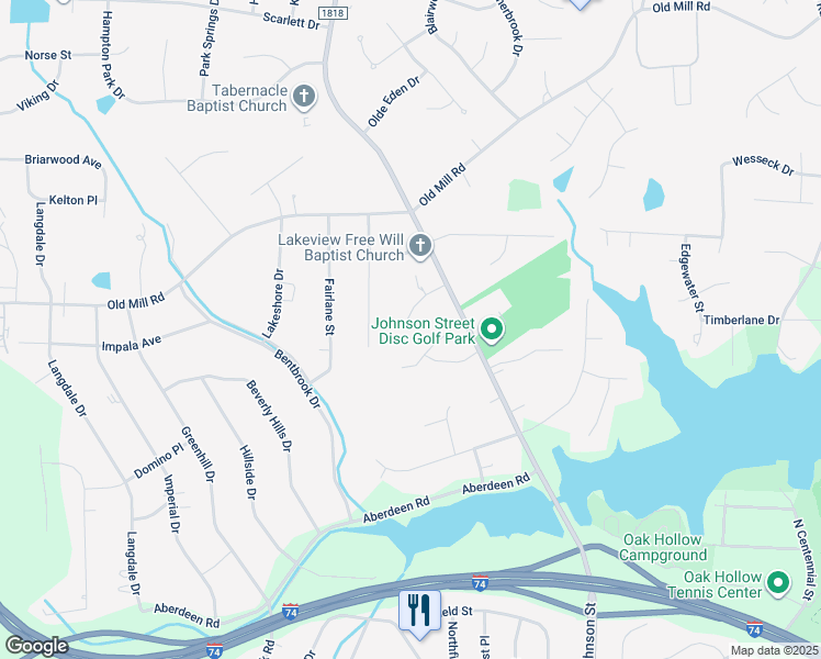 map of restaurants, bars, coffee shops, grocery stores, and more near 3843 Johnson Street in High Point