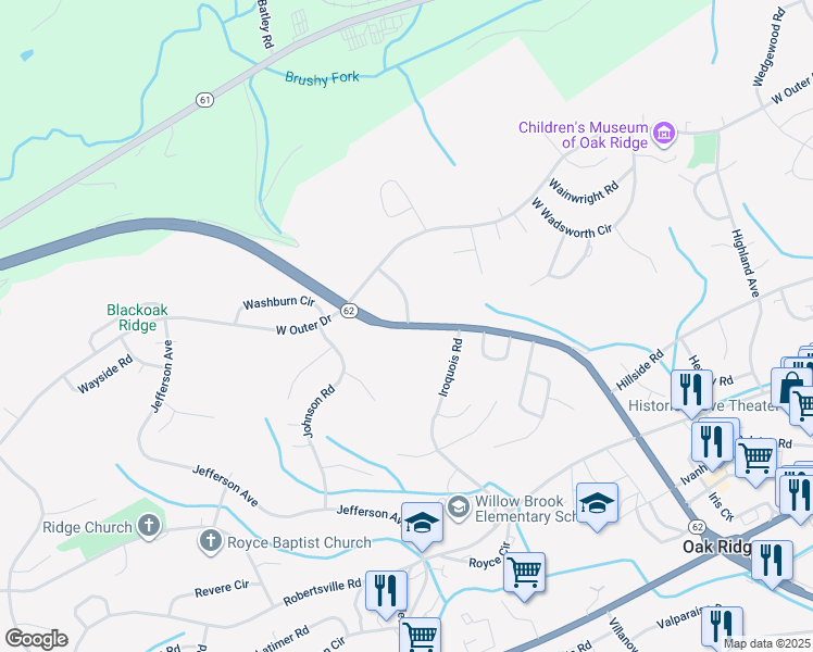 map of restaurants, bars, coffee shops, grocery stores, and more near 106 Ivy Lane in Oak Ridge