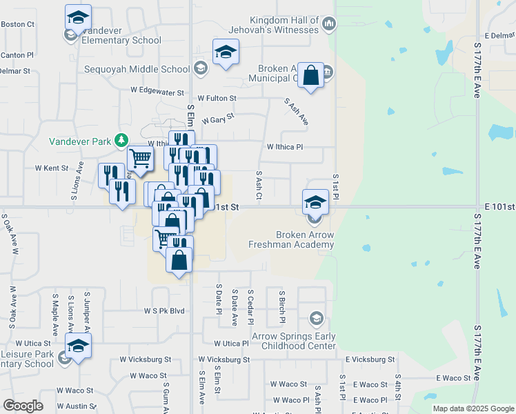 map of restaurants, bars, coffee shops, grocery stores, and more near 301 West New Orleans Street in Broken Arrow