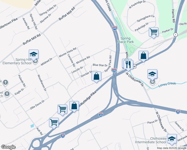 map of restaurants, bars, coffee shops, grocery stores, and more near 5216 Sinclair Drive in Knoxville