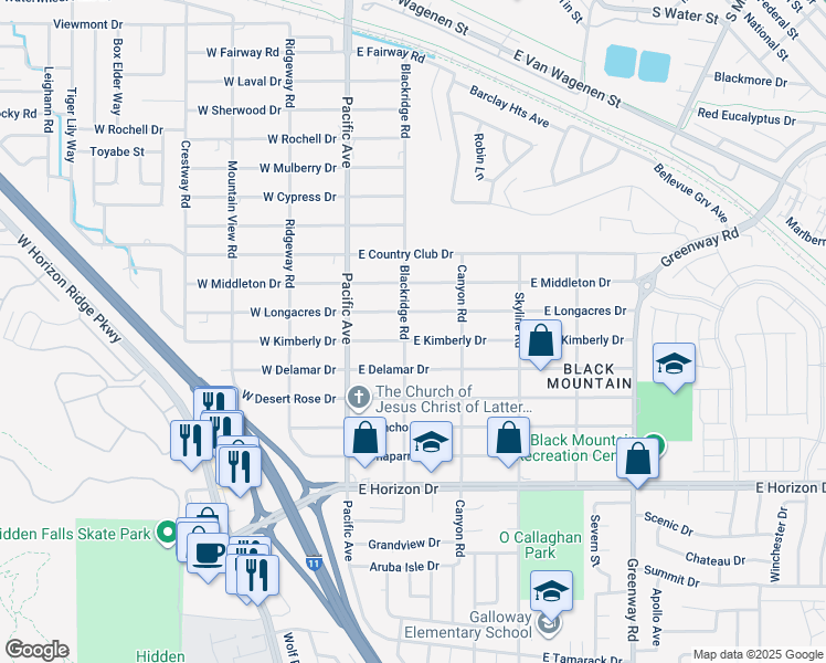 map of restaurants, bars, coffee shops, grocery stores, and more near 200 East Kimberly Drive in Henderson