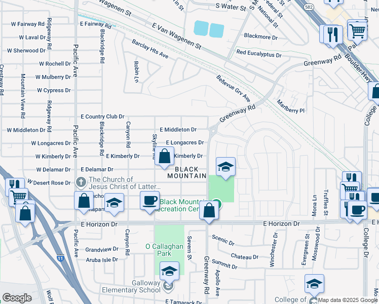 map of restaurants, bars, coffee shops, grocery stores, and more near 360 East Kimberly Drive in Henderson