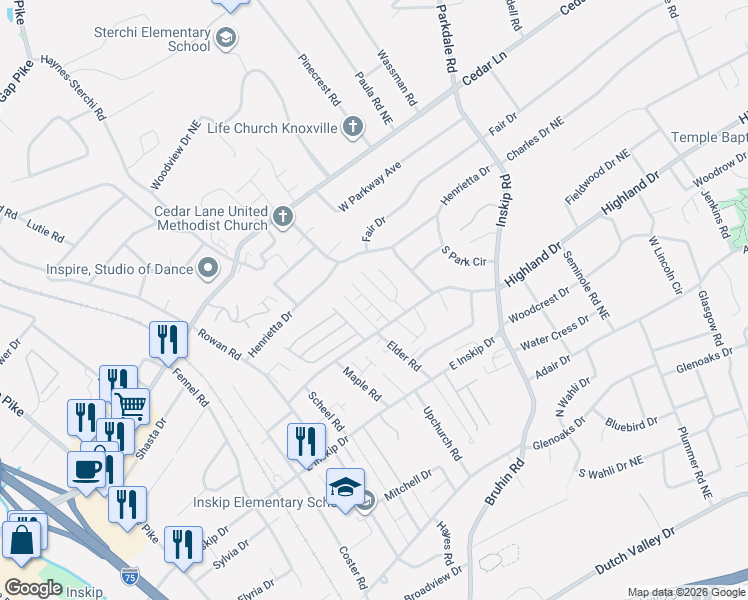 map of restaurants, bars, coffee shops, grocery stores, and more near 5022 White Petal Way in Knoxville