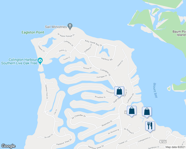 map of restaurants, bars, coffee shops, grocery stores, and more near 208 Outrigger Drive in Kill Devil Hills