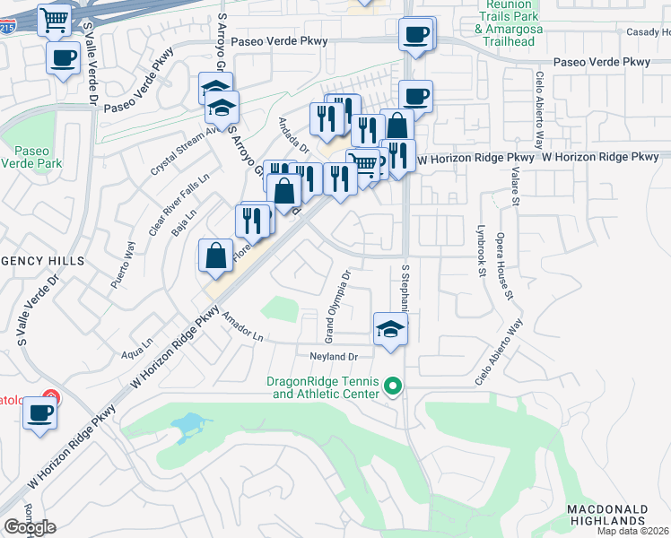 map of restaurants, bars, coffee shops, grocery stores, and more near 1507 Camino Summit Avenue in Henderson