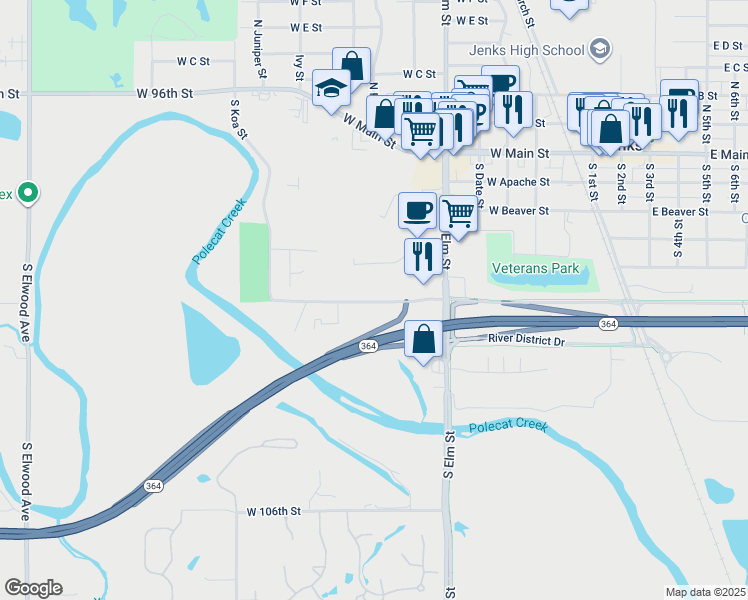 map of restaurants, bars, coffee shops, grocery stores, and more near 701 West 101st Street in Jenks