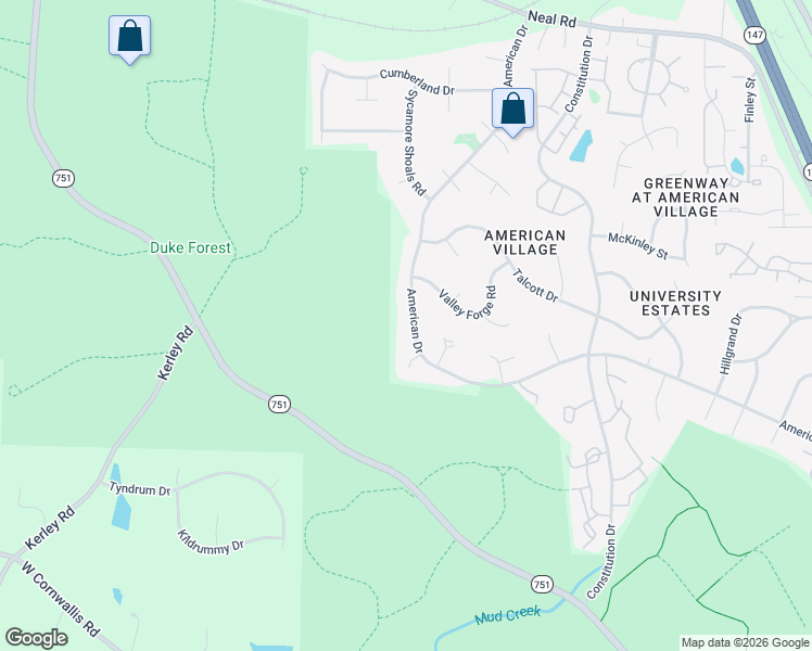 map of restaurants, bars, coffee shops, grocery stores, and more near 4431 American Drive in Durham
