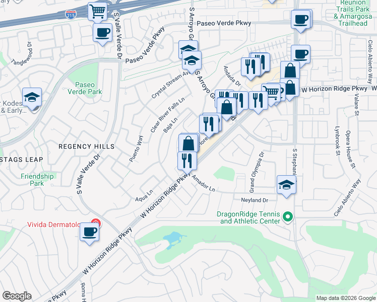 map of restaurants, bars, coffee shops, grocery stores, and more near 1724 Flores Lane in Henderson