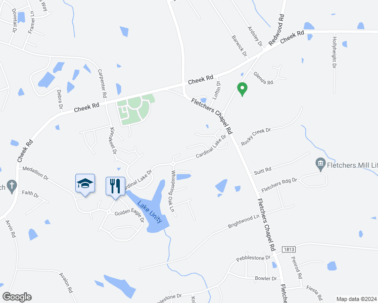 map of restaurants, bars, coffee shops, grocery stores, and more near 17 Heatherford Court in Durham