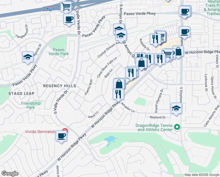map of restaurants, bars, coffee shops, grocery stores, and more near 1661 Amador Lane in Henderson